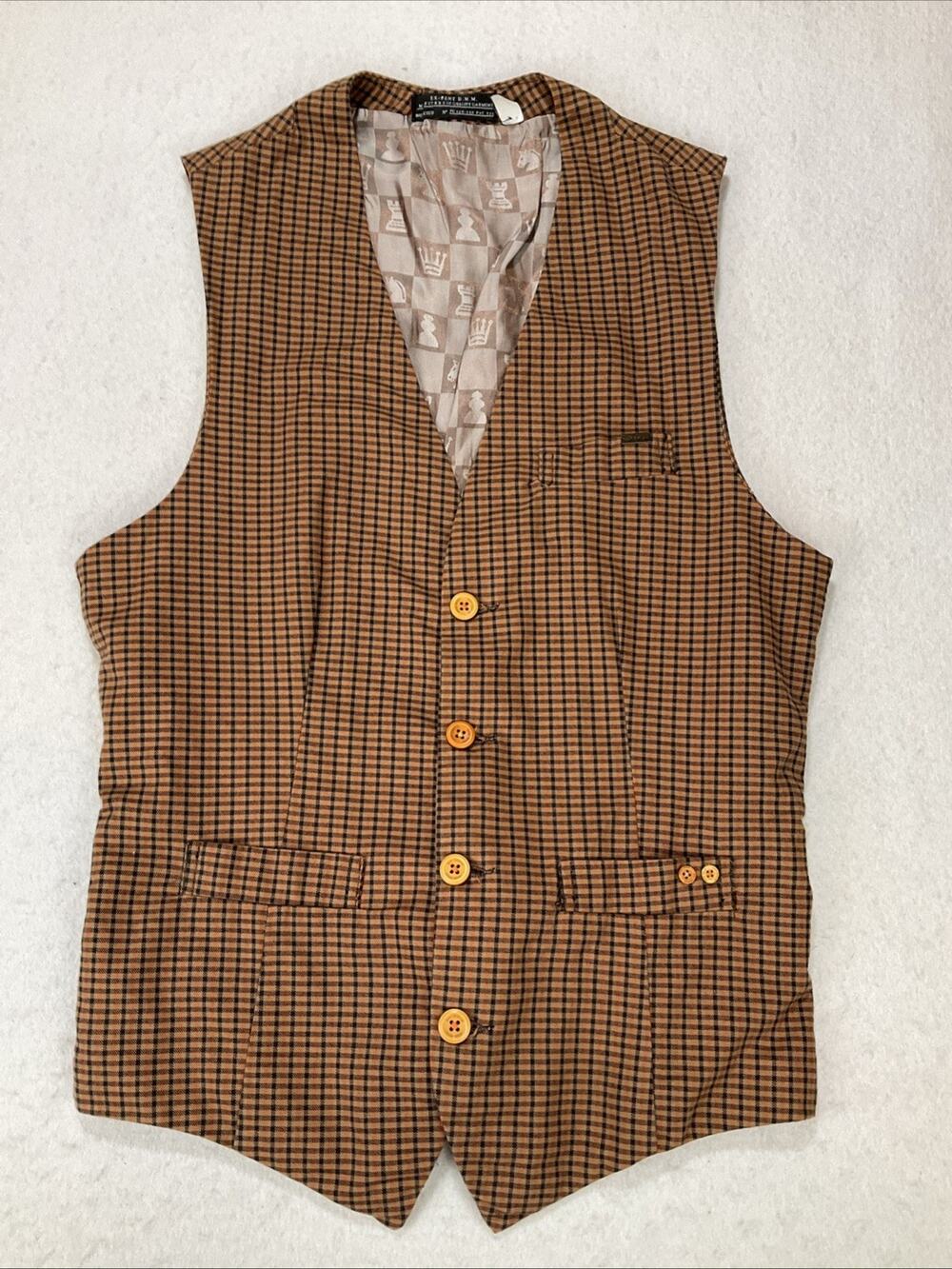 Ex-Pent Jeans Men’s Tan Check Tailored Button Up Vest Size L Made In Turkey